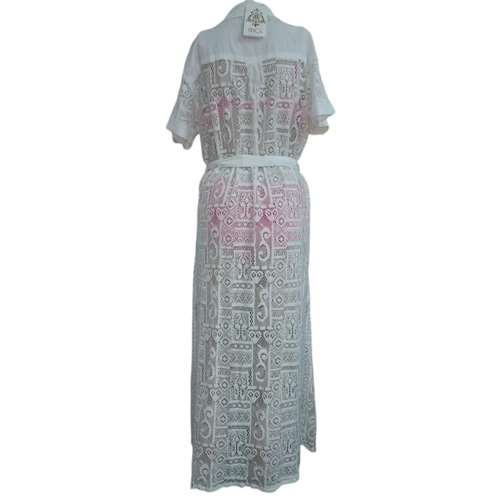 Becca Women's Sexy‎ Gauzy Cotton Lace Shirtdress Swim Cover-Up, Size Medium